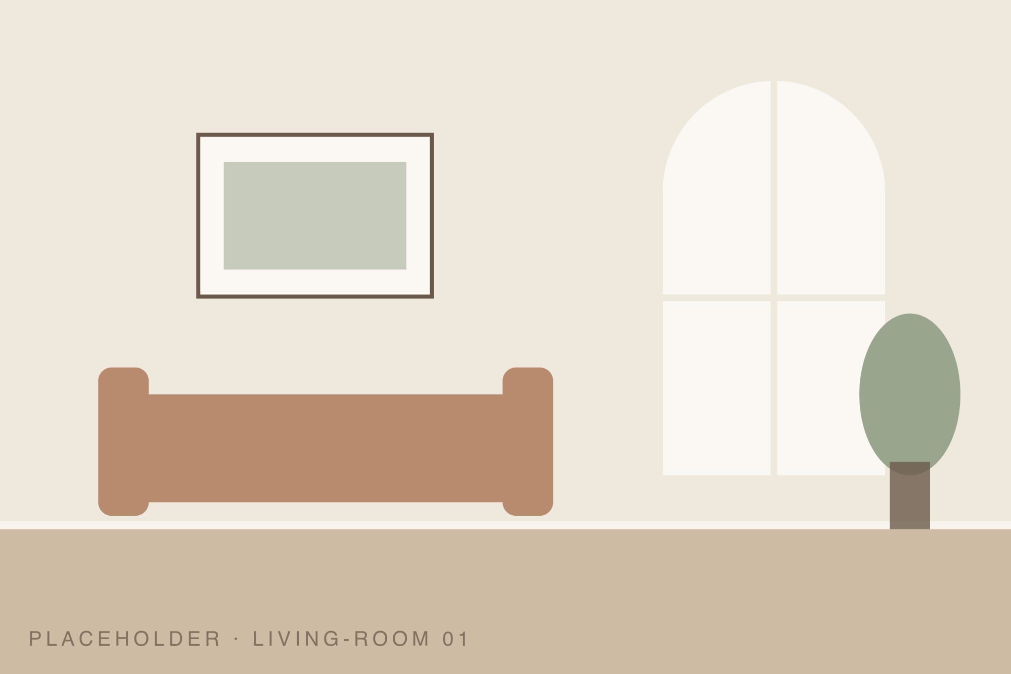 Living room with a long sofa, framed art and a potted tree
