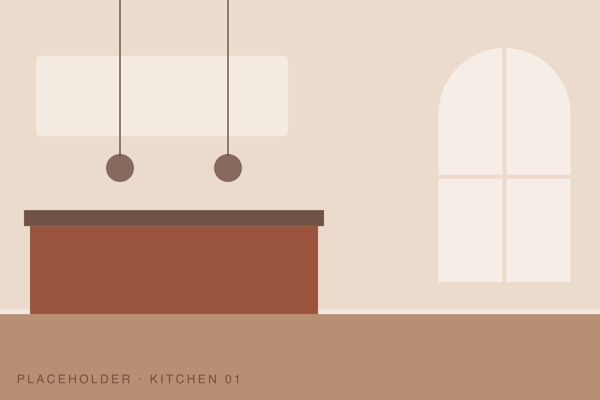 Kitchen island in warm clay with two pendant lights above