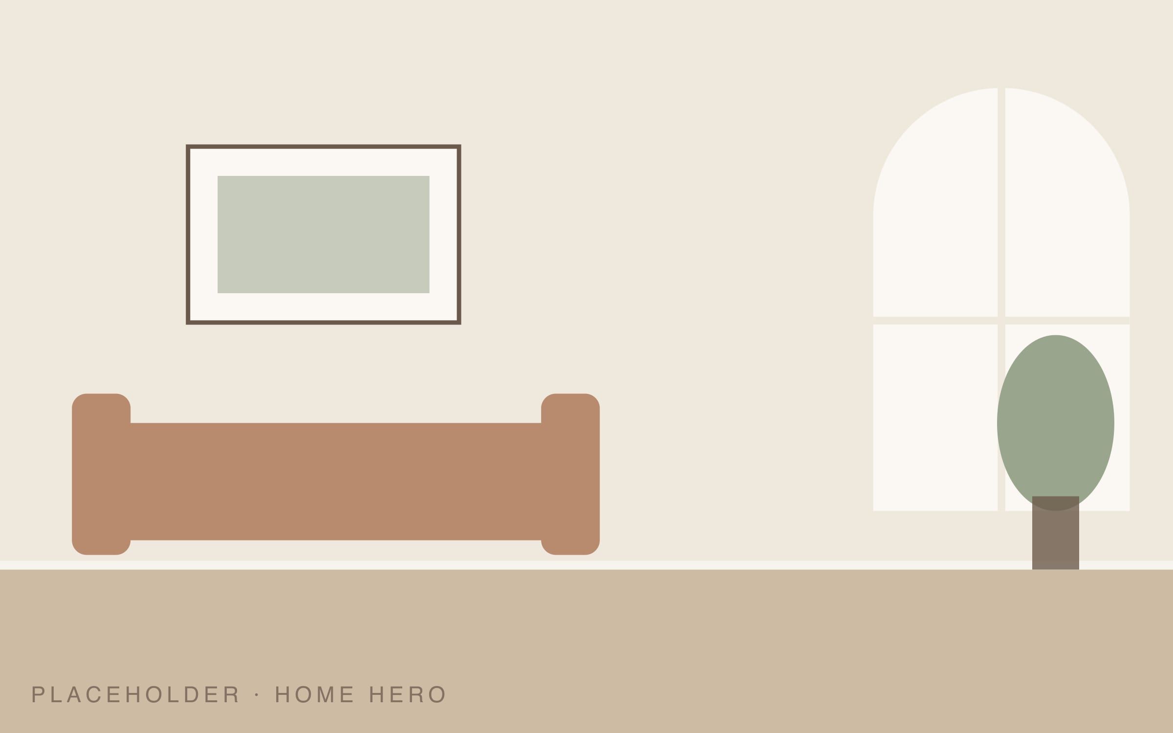 A calm living room with an arched window, a low sofa and a potted tree